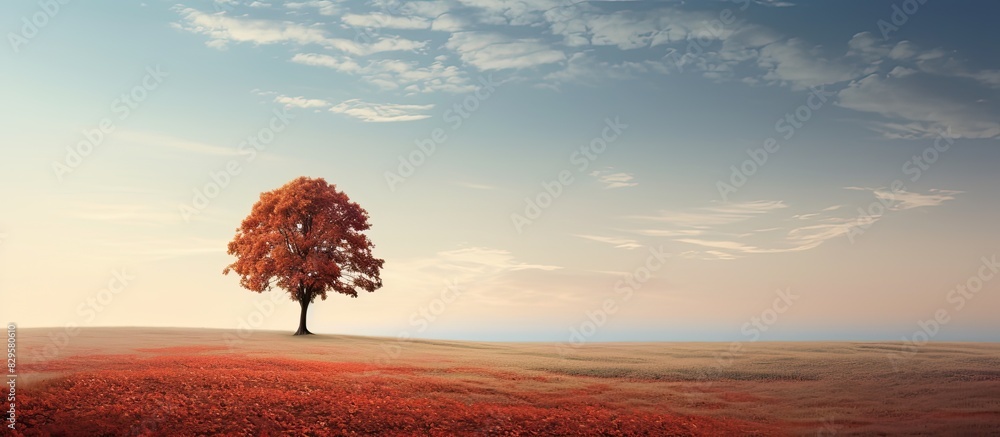 Poster lonely trees in an autumn field with a forest in the far background perfect for copy space image