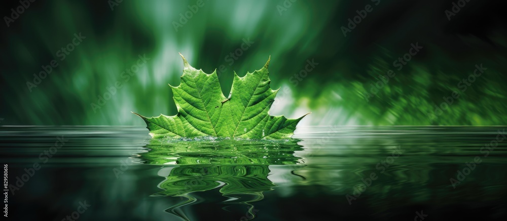 Poster close up of a green maple leaf reflected in water with copy space image