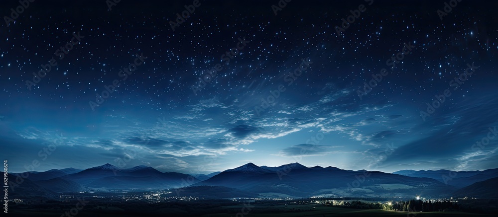Poster a serene summer night with a dark blue sky filled with twinkling stars light white clouds moving swi