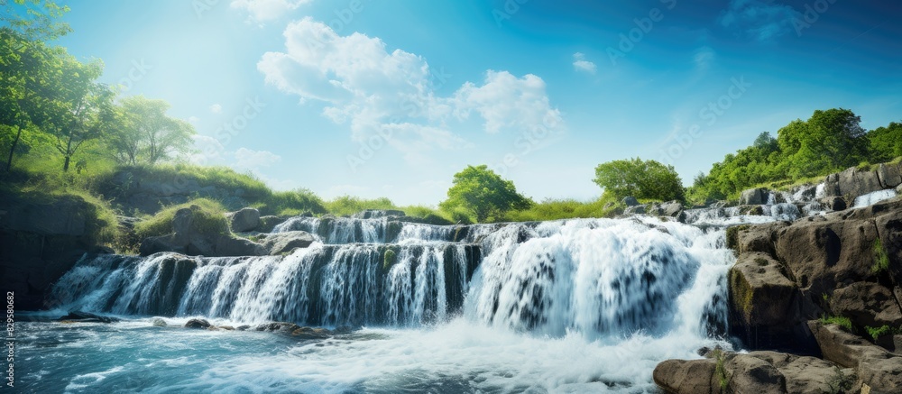 Wall mural A stunning waterfall featured in a scenic landscape with a peaceful surrounding and a clear blue sky in the background is captured in a copy space image