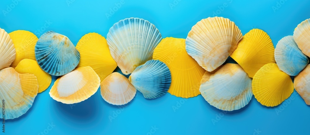 Poster top view of a summer themed seashell pattern against a blue and yellow background with space for tex