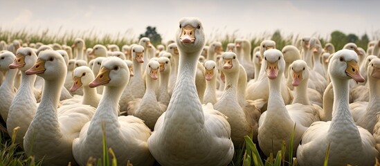 A large group of geese on the field with a copy space image