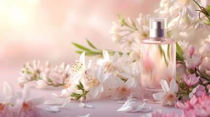 A bottle of perfume and a sprig of tuberose in the sun's rays on a pink background.