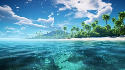 Beautiful tropical ocean with blue sky and palm trees in summer