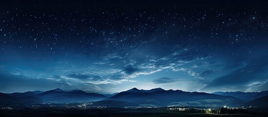 A serene summer night with a dark blue sky filled with twinkling stars light white clouds moving swiftly creating a peaceful atmosphere. Copy space image. Place for adding text and design