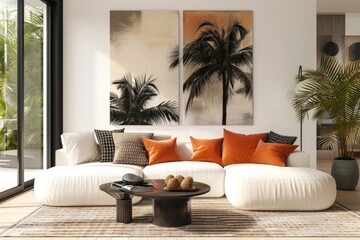 Cozy living room with palm trees prints in the background