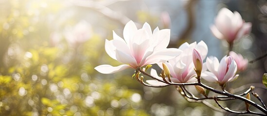 Fototapeta premium Magnolia flower blooming with a garden background ideal for a copy space image