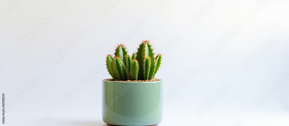 Poster isolated cactus in a small pot on a white background featuring copy space image