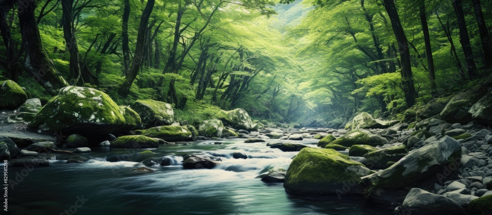 Poster nature composition featuring a river flowing deeply within a dense mountain forest with a tranquil a