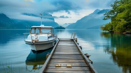 Idyllic cabin cruiser docked at a wooden pier, perfect for relaxation and fishing.