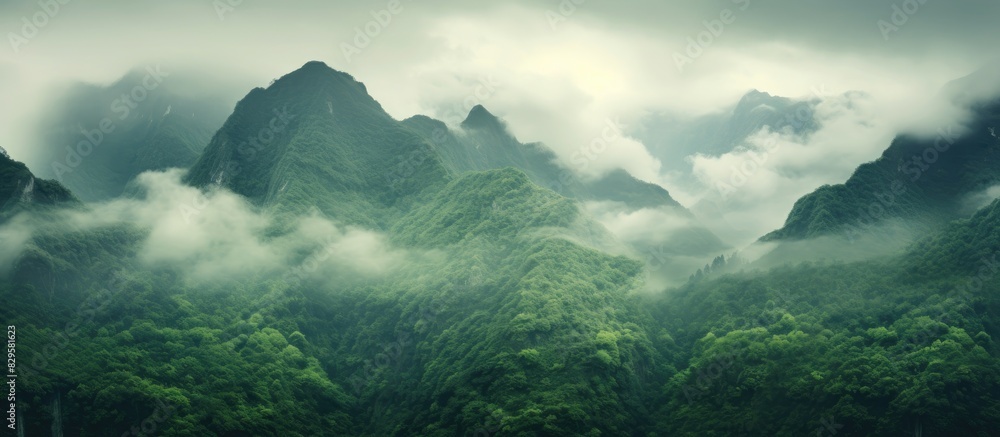 Poster mountain scenery covered with mist and rain providing a serene backdrop for a photograph with ideal 
