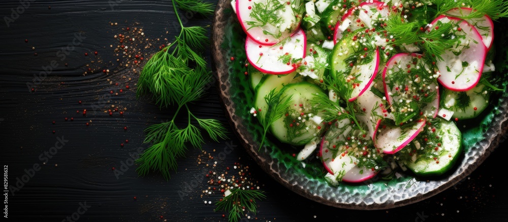 Poster radish and cucumber salad sprinkled with sesame seeds and dill shown in copy space image