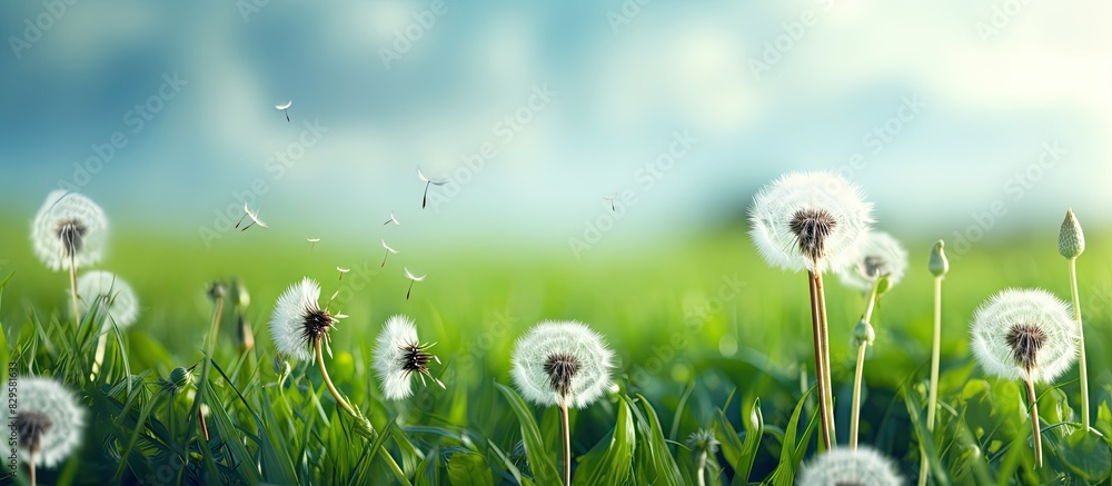 Poster spring background with air dandelions on a green field creating a beautiful landscape with a copy sp