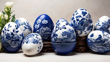 Blue and white Easter eggs painted in the style of Chinese blue painting  Perfect as a banner for the Easter season