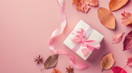 A gift box with a decorative ribbon bow, set on a flat lay solid color background with dried flowers and tropical leaves, featuring ample area for copy