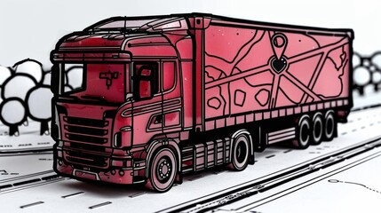 Visualize a 3D render of a logistics truck navigating a route highlighted by minimalist pin and navigation icons