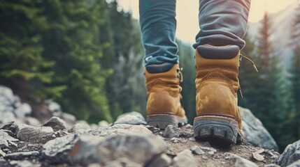  Close-up of boots on a rocky trail. Towering pine trees framing a scenic mountain trail.