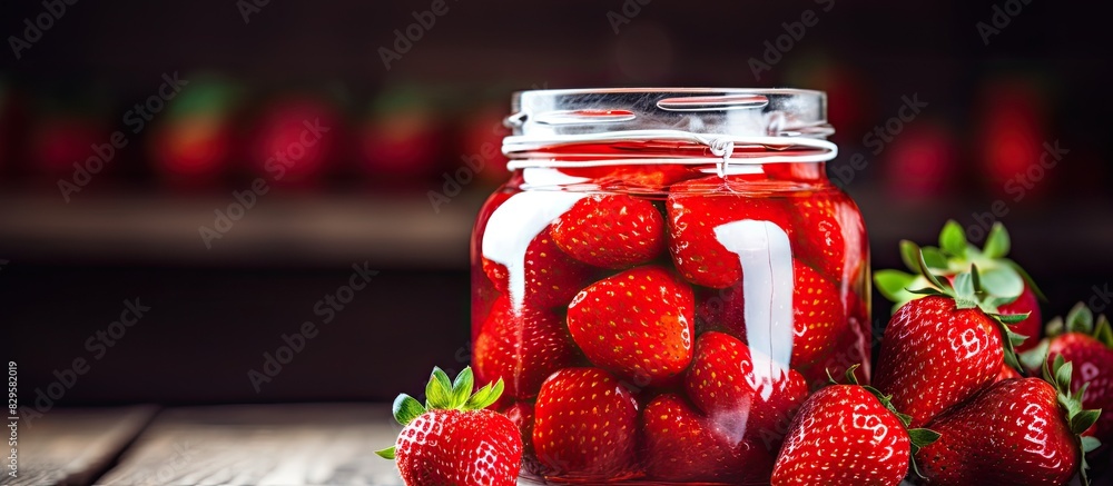 Poster close up of red strawberry slices in syrup inside a glass jar on a rustic wooden table with a blurre