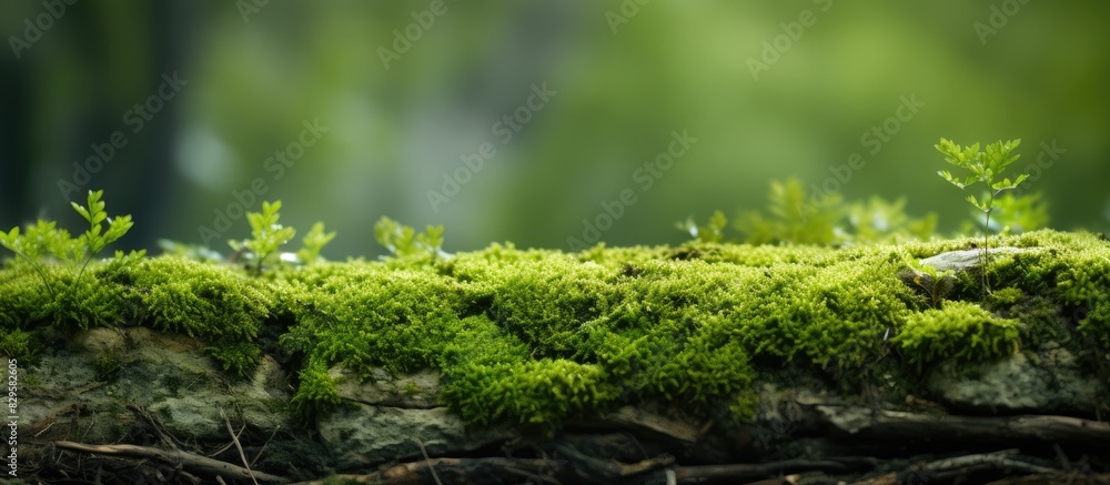 Poster close up texture of green moss on forest ground with tree bark turf foliage and lichen creating a de