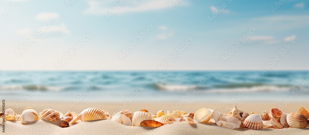 Poster seashells scattered on sandy beach creating a serene summer scene with a sandy background and copy s