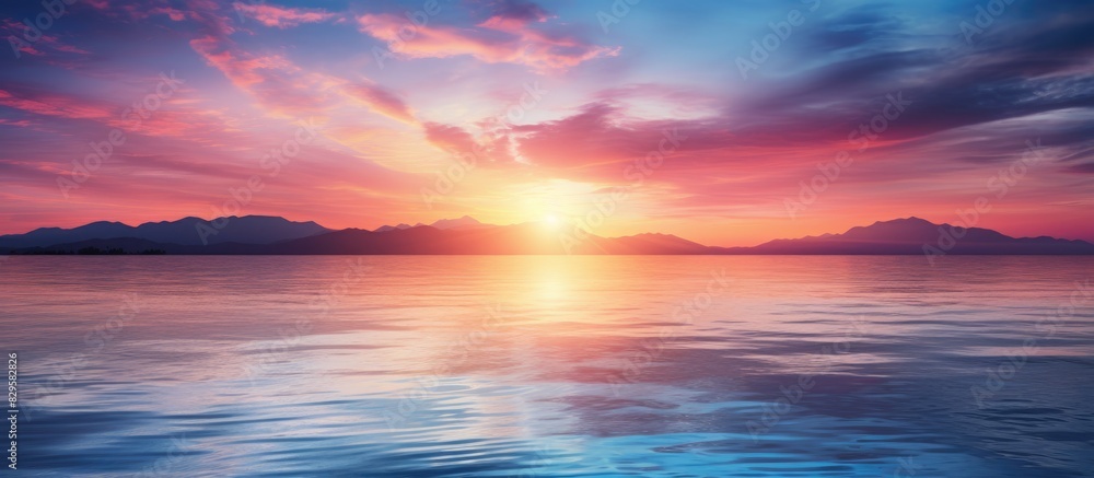 Poster vibrant sunset over the sea with a beautiful array of colors reflecting off the rippling water creat
