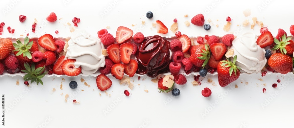 Aufkleber flat lay composition featuring ice cream strawberries and a white background with copy space image e