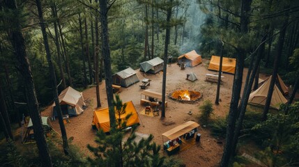 Picturesque campsite with tents and fire pit in pine forest. Lush green forest with towering pine trees as a camping backdrop.