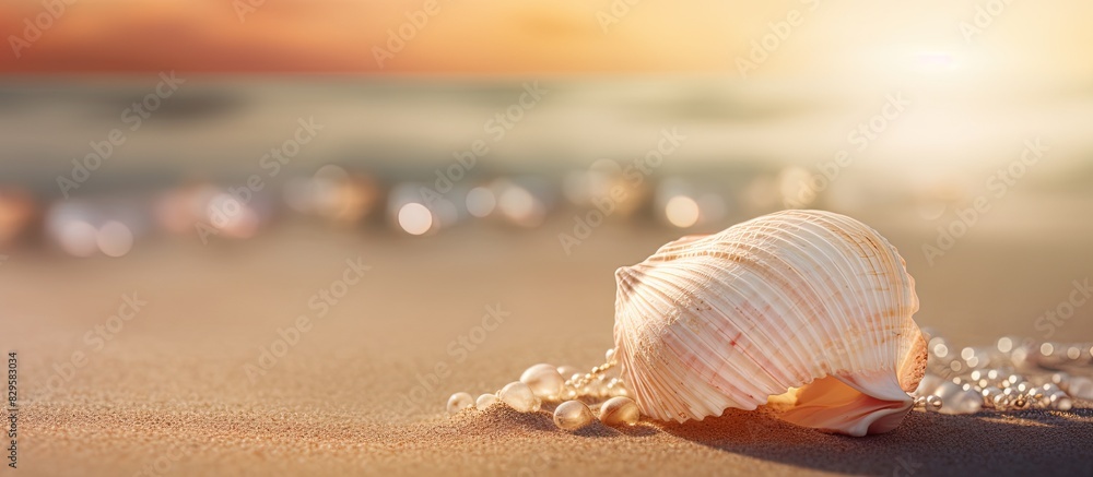 Poster a seashell with valuable pearls resting on the sandy shore with copy space image