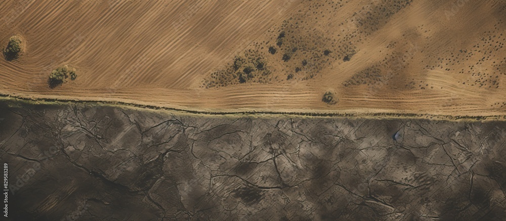 Poster aerial view of a rural landscape with flat terrain showing meticulously plowed and seeded fields cap