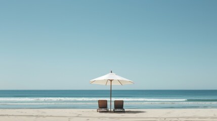 Relaxing beach scene with umbrella and lounge chairs. Beach umbrella providing shade, comfortable lounge chairs for sunbathing.