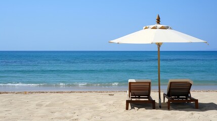 Fototapeta premium Relaxing beach scene with umbrella and lounge chairs. Beach umbrella providing shade, comfortable lounge chairs for sunbathing.