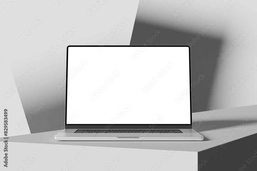Poster front view of an open laptop with a blank screen, placed on an abstract shapes. minimalistic and cle
