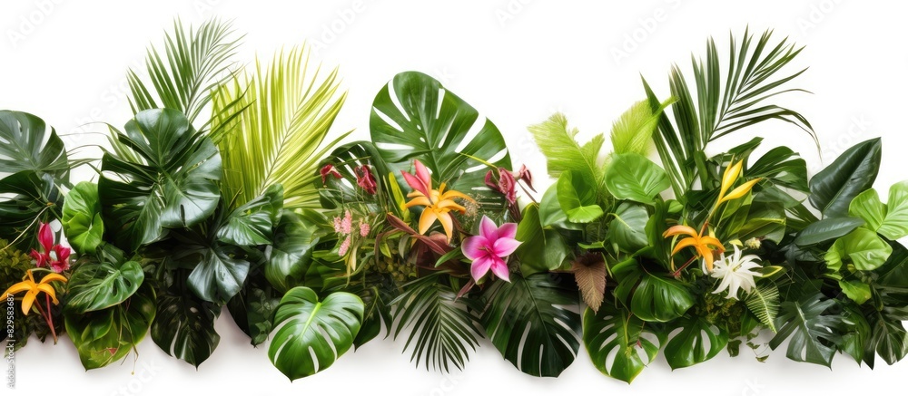 Wall mural tropical leaves plant bush arranged with flowers on white background with clipping path for copy spa