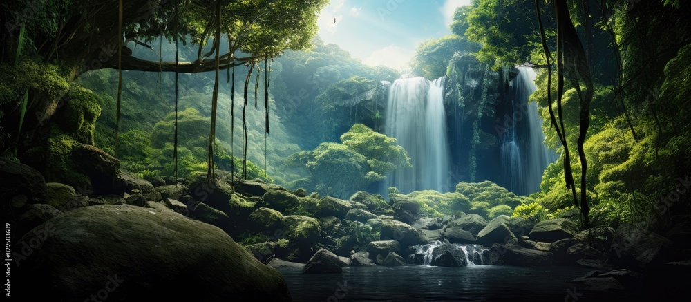 Poster foregrounding the lush forest with a captivating waterfall in the backdrop provides an enticing view