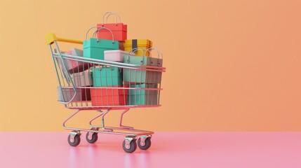 3d rendering shopping cart with different products isolated on flat background.