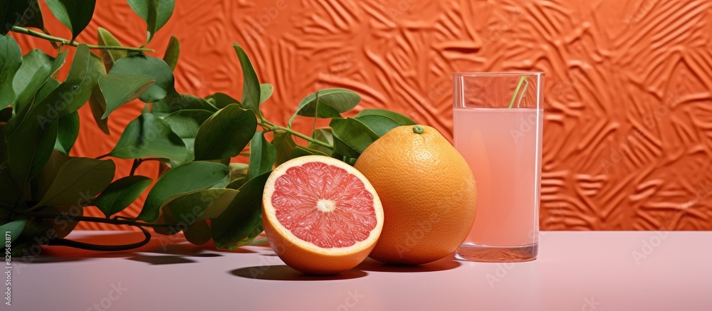 Sticker An arrangement featuring a ripe grapefruit a glass of juice and plant leaves set against a colorful tile background with ample copy space image