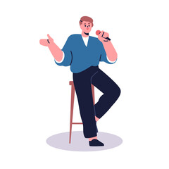 Open mic comedy, comedian with microphone. Male comic seated on stool during standup performance, speaking, telling jokes at humor stand-up show. Flat vector illustration isolated on white background