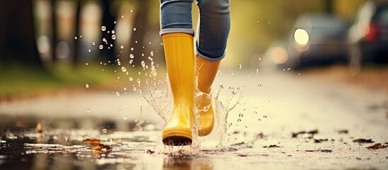 A woman wearing rain boots jumps joyfully into a puddle with a whimsical expression on her face creating a playful scene with a perfect copy space image - Powered by Adobe
