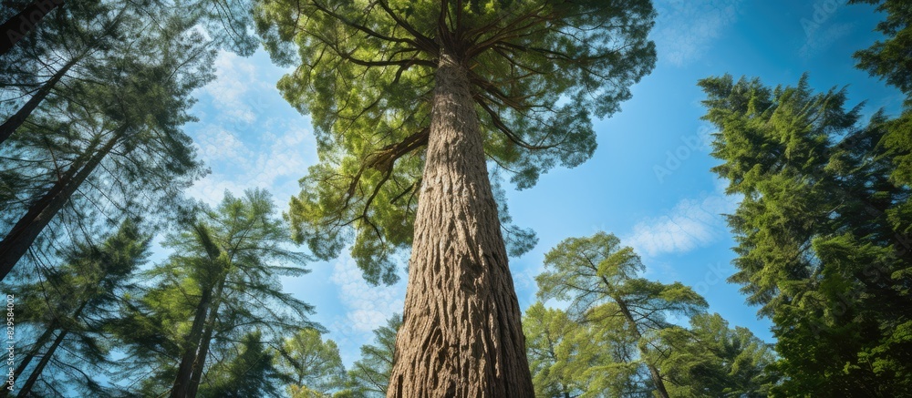 Poster view from the ground of a tall cypress tree with ample copy space image