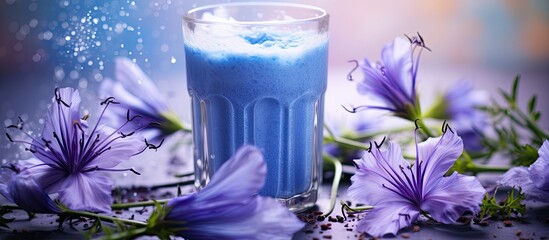 Chicory powder incorporated into a keto drink concept with chicory flowers featuring a healthy beverage with copy space image