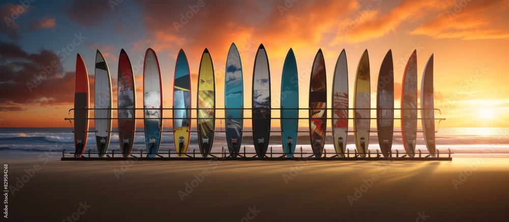Poster shelves displaying windsurfing boards with a beautiful sunset in the background. copy space image. p