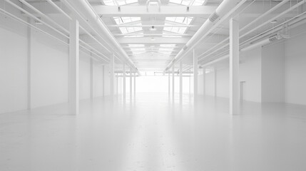 Empty white warehouse interior with clean, open space and a pristine white background, emphasizing the vast, uncluttered area