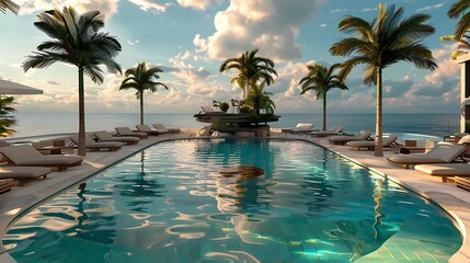 Fototapeta premium A pool with a floating island in the center, adorned with palm trees and lounge chairs