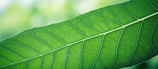Obraz premium Nature background featuring a close up of a green leaf with ample copy space image