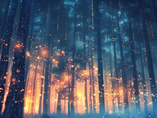 Digital jungle scene with glowing lights and binary code