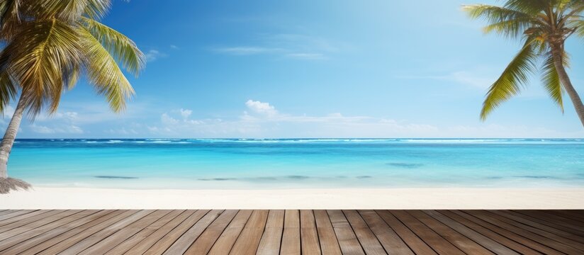 A tranquil beach scene on a sunny day with palm trees and a wooden walkway ideal for a horizontal banner with copy space image - Powered by Adobe