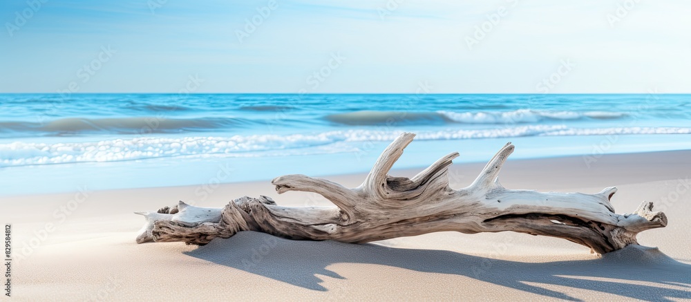 Poster a piece of driftwood lying on the sandy shore with a beautiful ocean backdrop in the background crea