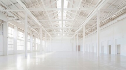 Empty white warehouse interior with clean, open space and a pristine white background, emphasizing the vast, uncluttered area
