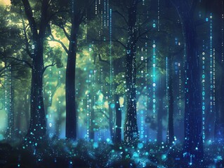 Obraz premium Digital jungle scene with glowing lights and binary code