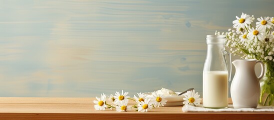 A sleek wooden kitchen setting with a bottle of milk and a glass on the table along with chamomile flowers exemplifying a healthy morning food concept shot in close up with copy space image